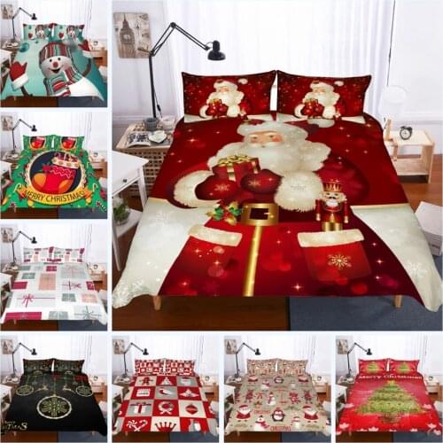 Merry Christmas Bedding Set Snowy Green Forest Duvet Cover Santa Claus Bedspread Christmas Snowman Quilt Cover