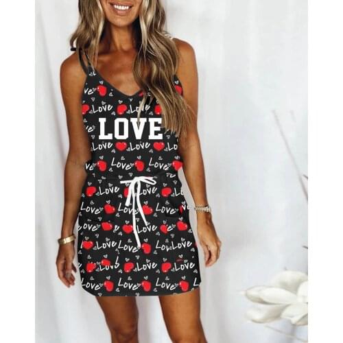 LOVE Print Drawstring Loose Dress Women Casual V-neck Sleeveless Strap Dresses For Women 2021 Mini Suspender Vestido