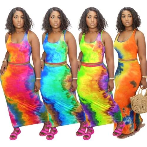 Sexy Tie Dye 2 Piece Set Women Crop Top + Long Skirt Set Fashion Evening Party Club Outfits Matching Set Tracksuit Plus Size 4XL