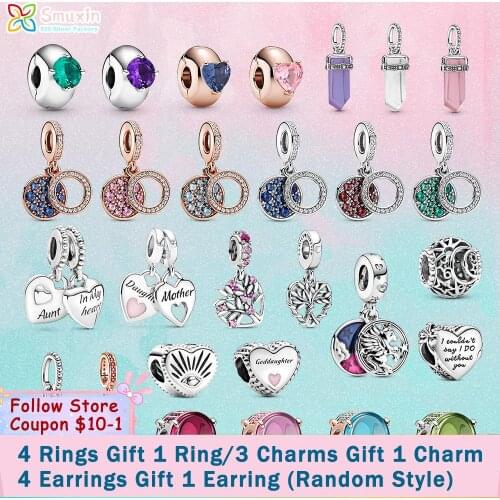 Smuxin Spring 925 Sterling Silver Magical Unicorn Disc Double Heart Split Dangle Charms fit Original Pandora Bracelets Girl Gift