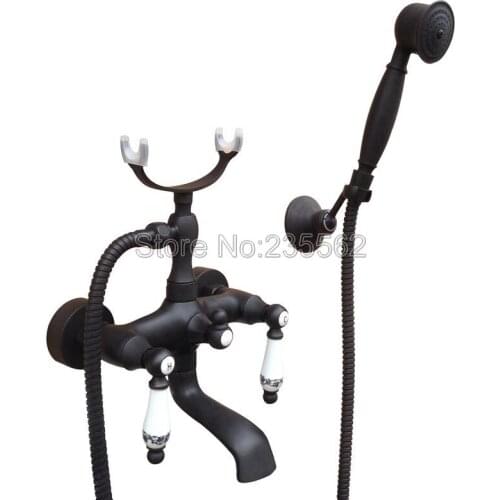 Bathtub Faucets Black Oil Rubbed Brass Bathroom Faucet Mixer Tap Wall Mounted Hand Held Shower Head Kit Shower Faucet Set ltf604