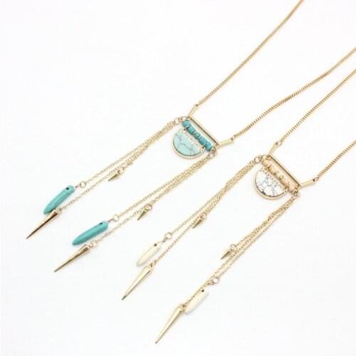 Bohemian Style Light Yellow Gold Color Alloy Geometric Green Turquoises Pendant Link Chain Necklace Stone Jewelry