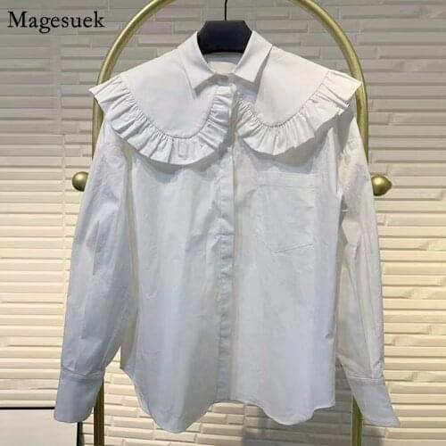 Loose Vintage Cotton Blouse Women Clothing Fashion Long Sleeve Womens Shirt Tops Ruffles Turn-down Collar White Shirts 16132