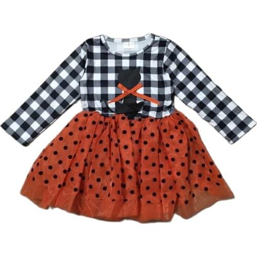 Girlymax Halloween Fall Baby Girls Cat Milk Silk Tutut Skirt Plaid Dress Children Clothing Boutique Knee Length Long Sleeve