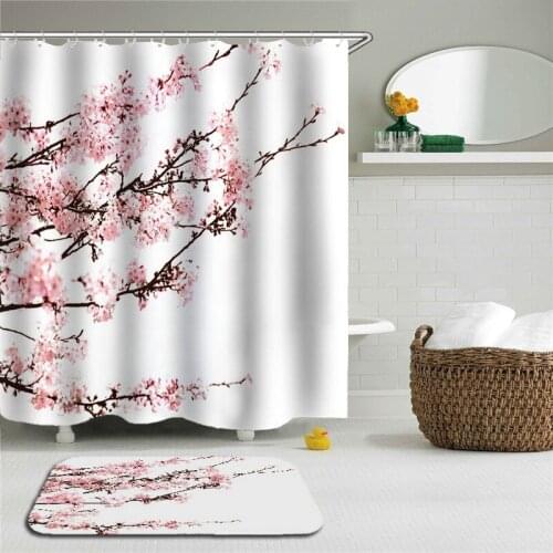 Flower Printed Shower Curtain Set Bath Curtains Polyester Waterproof Cloth Shower Curtains Bathroom Non-slip Floor Mat 2Pcs/Set