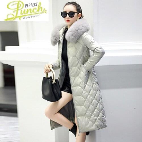 2021 Winter Genuine Women Sheepskin Leather Jacket Fox Fur Collar Hooded Duck Down Coat Chaqueta Mujer M8881YY627