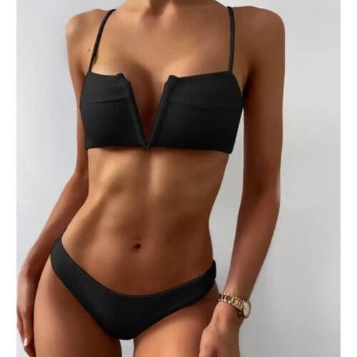 ZAFUL Women Sexy Swimwear Back Knot Ribbed Bikini Set Beach Suit Wire Free Padded Low Waisted Beach Wear Swimming Suit