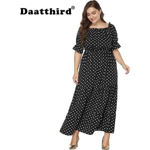 2018 Womens Off Shoulder Polka Dot Print Plus Size Boho Beach Holiday Long Maxi Dress