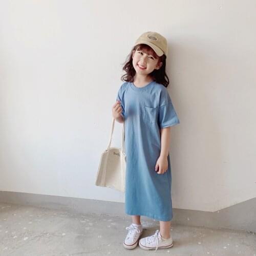 3 to 12 Years, Kids Dress Girls Clothes 2021 New Children Summer Shirt Mid Long Style Teen Fashion Outfit 100% Cotton,#6098