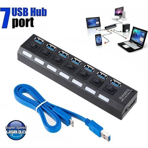 4/7 Ports USB 3.0 Hub with Power Adapter 5Gbps High Speed USB Splitter w/ Individual Switches for Windows 10 8 7 Mac PC Computer