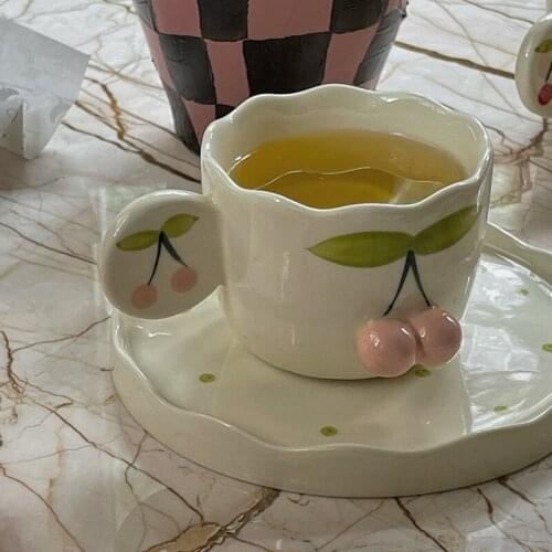 CuteLife Nordic Cute Pink Cherry Ceramic Cup Saucer Decorative Breakfast Milk Coffee Cup Set Couple Gifts Reusable Drinking Cup