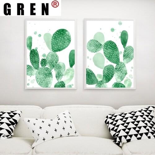 GREN Bedroom Living Room Home Decor Watercolor Plant Green Cactus Canvas Painting Wall Art Painting Print Poster Picture