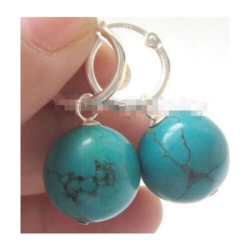 Hot sale Beautiful 14mm natural round turquoises earring - 925 silver hoop