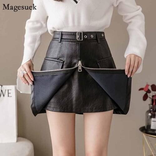 New Trend High Waisted Mini Skirt Sexy Front Zipper PU Leather Women Skirts Split Short Casual A-line Leather Black Skirt 12130