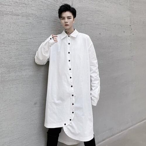Mens shirt spring fashion design multi-button curved hem mens casual shirt loose cardigan long coat white large size