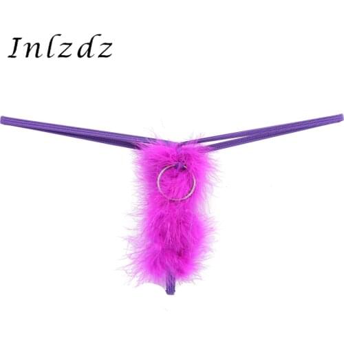 Mens Feather Crotchless Erotic Sexy Underwear G-string Metal Ring Thongs T-back Low Rise Elastic Waistband Lingerie Panties