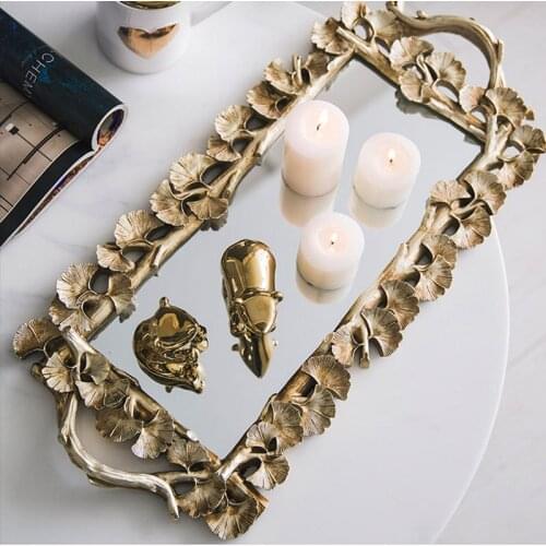 Rectangular Ginkgo Leaf Tray Retro Carved Golden Plate Mirrored Tea Fruit Dim Sum Coffee Dessert Table Storage Tray