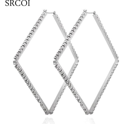 SRCOI Luxury Crystal Square Hoop Earrings Big Statement Rhinestones Trendy Earrings For Women Bridal Weddings Evening Brincos