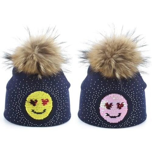 Cartoon Kids Beanie Real Fur Pompom Hat Girls Winter Cap Smile Sequins Rhinestone Skullies Beanies Knitted Hats For Children