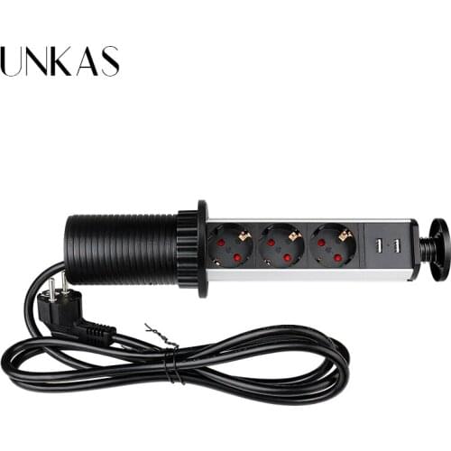 UNKAS 16A PULL POP UP 3 Power EU Socket New Black Color Port Kitchen Table Desktop Dual USB Retractable Countertops Plug