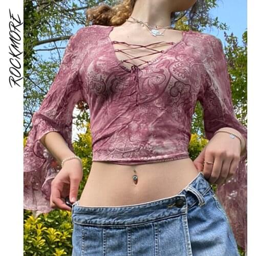 Women Autumn Vintage Aesthetic Clothes Fairy Grunge Print Mesh Tops y2k Tie Up Flare Sleeve T Shirt Ladies V-Neck Tees