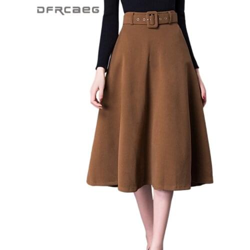 Warm Vintage Women Wool Pleated Skirt With Belt 2020 High Waist Winter Mid-Long Plus Size Wool Long Skirts Saias Female