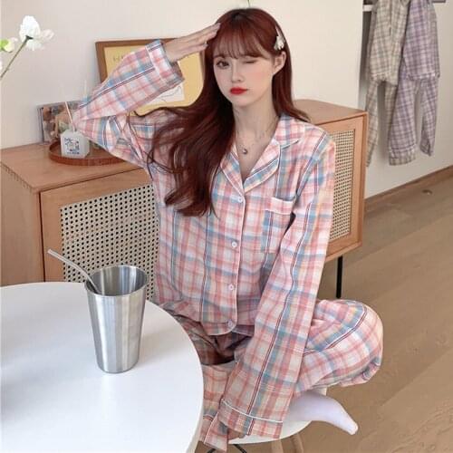 Womens Pajamas Set Fashion Cute Plaid Sleepwear Female Cotton Leisure Home Clothes Nightwear for Girl Teenager Pyjamas Femme