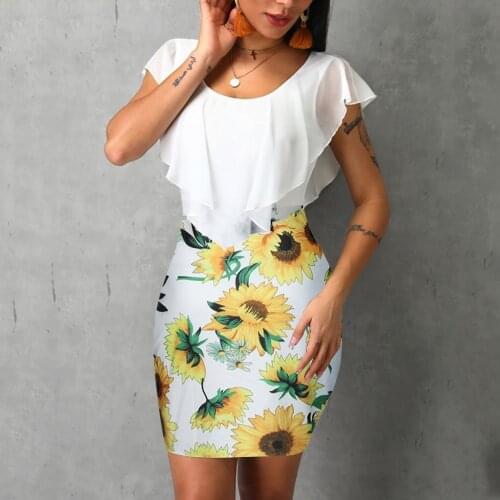 Sexy Womens Sunflower Summer Bodycon Dress Sleeveless Printed Holiday Party Short Mini Dresses Ruffle Summer Dress 2021 Vestido