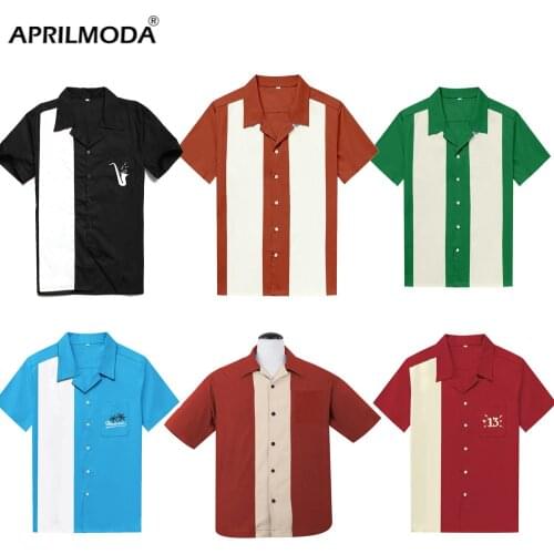 3XL Plus Size Men Shirt Vintage Short Sleeve Black Red Rockabilly Bowling Patchwork Cotton Casual Tops For Camisa Masculina