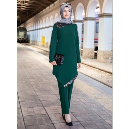 Sequins Patch Designs Muslim Women Long Tops Islamic Sets Women Muslim Pants Ramadan Prayer Clothes 2 Piece Set 103028