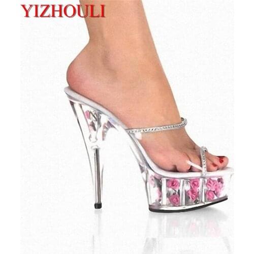 6 Inch Flower Crystal Shoes Romantic Rose Bride Wedding Shoes 15cm Ultra High Heels Platform Full Transparent Crystal Slippers