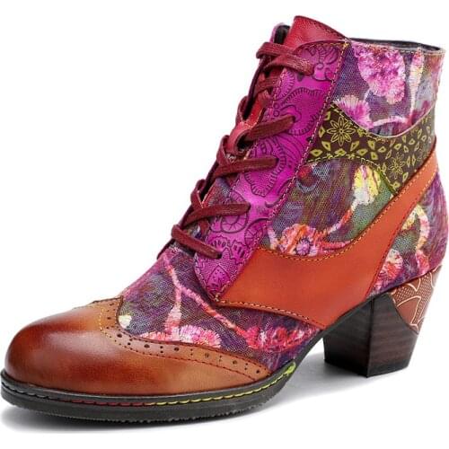 Genuine Leather Women Boots Vintage Bohemian Ankle Boots Women Shoes Low 5CM Thick Heel Ladies Shoes Woman Printing Flower