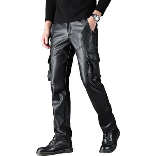Mcikkny Men Cargo Faux Leather Jogger Pants Multi Pockets Motorcycle Leather Trousers For Male Elastic Waist