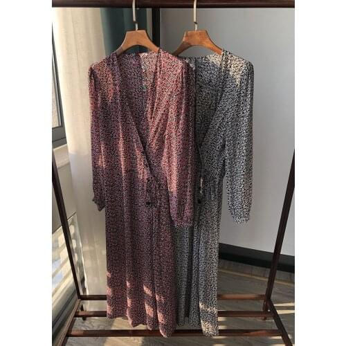 ElfStyle Long Sleeve Wrap V Neckline Printing One Piece Midi Dress