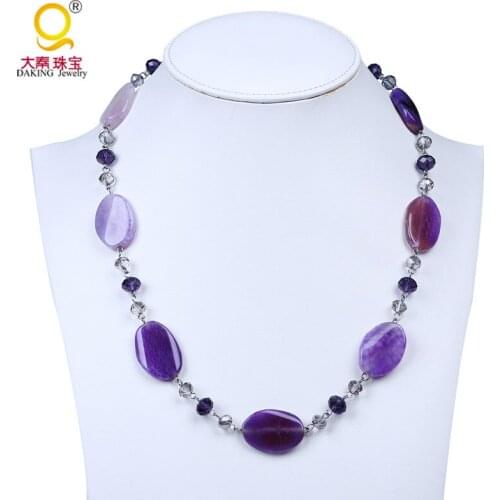 Daking new fashion purple stone crystal necklace smooth oval stone beads necklace girls women chain accessories
