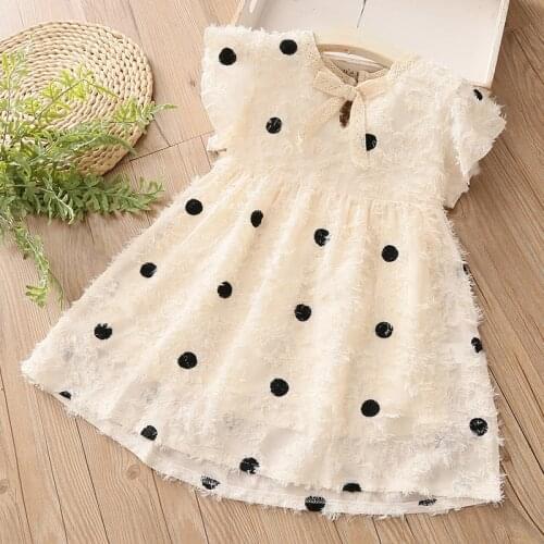 2021 Summer Fashion New European American Style Design 2 3 4 5 6 7 8 9 10 Years Kids Elegant Beige Bow Dot Dress For Baby Girls