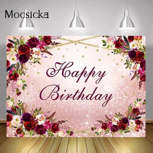 Red Rose Woman Happy Birthay Backdrop Pink Bokeh Flowers Girl Birthday Cake Table Background Decorations Photo Shoot Props