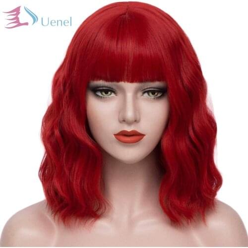 Uenel Red Wigs for Women 33cm Short Curly Wavy Bob Hair Wig with Bangs Fashion Cute Wigs for Girls Party Cosplay Halloween