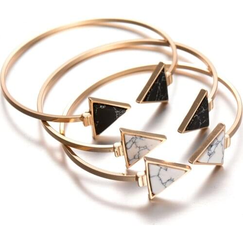Fashion Marble Stone Geometric Triangle Bangles Opening Adjustable Size Metal Bohemia For Women Girl Punk Arrow Bracelet Gift