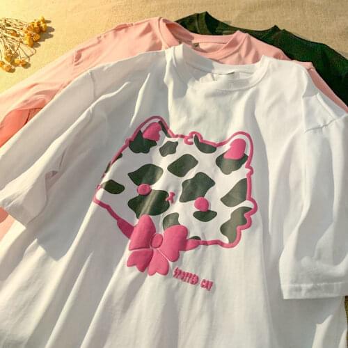 Street Style Hip-hop Cat Head Cow Print Short-sleeved T-shirt for Men and Women Loose Casual All-match Top