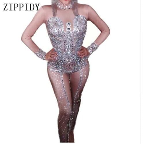 New design Fashion Silver Sparkly Crystals Nude Jumpsuit Female Singer Dancer Costume Bodysuit NightclubParty Sexy