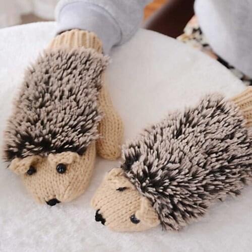 Autumn Winter Thick Gloves Women Cute Cartoon Animal Hedgehog Kawaii Full Finger Knitted Gloves for Students Ladies Girls