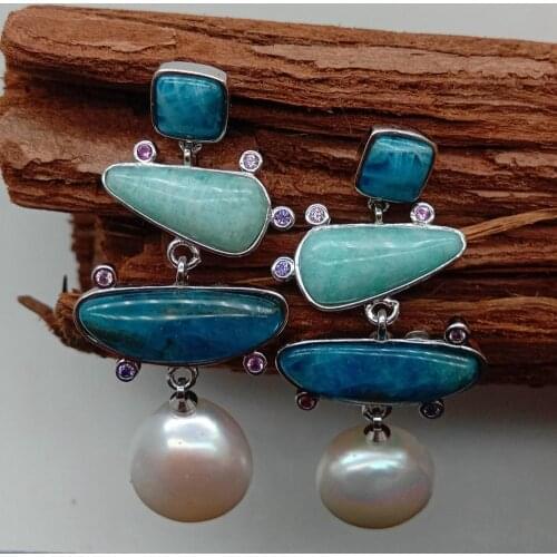 YYGEM luxury Blue Apatite Green Amazonite jewelry geometric White Baroque Freshwater Pearl pave white Gold filled Stud Earrings