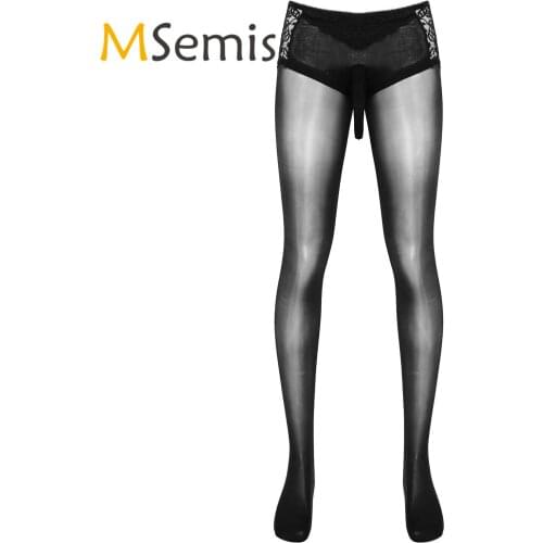 Sexy Mens Erotic Fishnet Pantyhose Lingerie Underwear Nightwear Bulge Pouch See-through Lace Patchwork Tights Hosiery Sleepwear