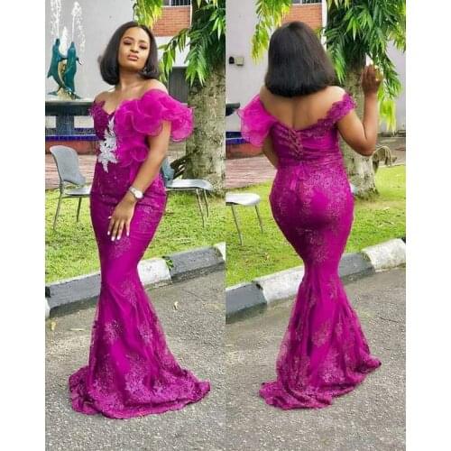 Chic Off Shoulder Prom Dresses Vintage Ruffles Formal Party Elegant Lace Applique Gown Arabic Aso Ebi Muslim Evening Dresse