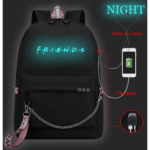 Friends School Backpack Luminous Backpacks Girls Women Backpack USB Charging Laptop Bag for Teen Girls Boys