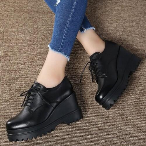 Spring Autumn Fashion Women Genuine Leather Casual Lace-up Platform Wedges Pumps Lady Black With Heels Fall Shoes