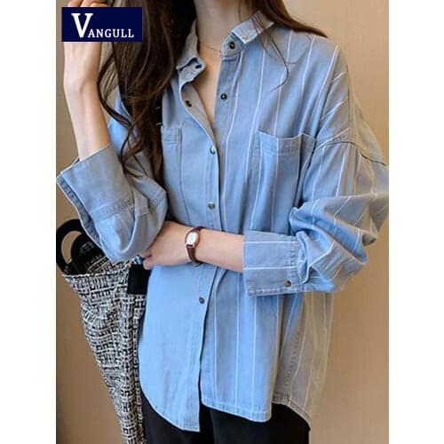 Vangull Blue Striped Irregular Women Shirt 2020 Spring New Casual Loose Long Sleeve Turn-down Collar Shirt Tops Plus Size 4XL