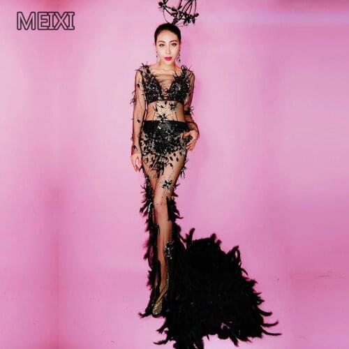 Gorgeous black feather slim see-through rhinestone dress bar party concert singer/dancer costume