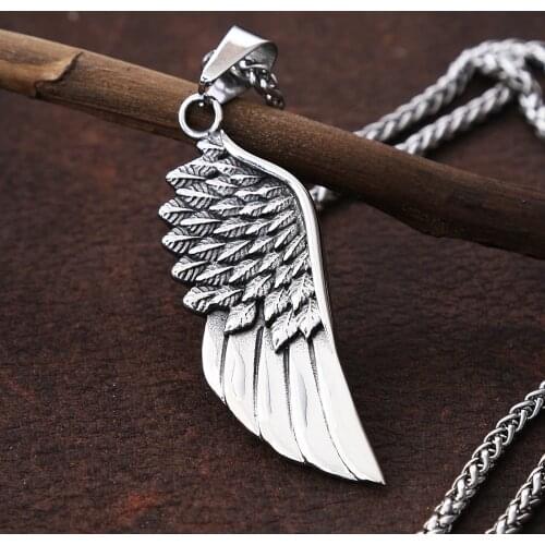 Vintage Fashion Feather Angel Wing Necklace For Men Punk Stainless Steel Feather Pendant Necklace Mens Womens Jewelry